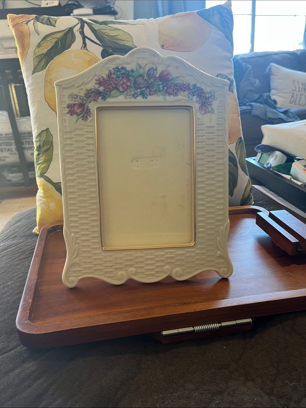 Lenox White Ceramic Picture Frame with Purple Floral Accents